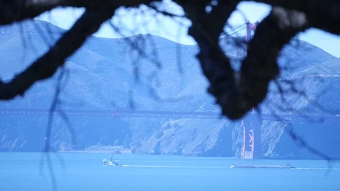 A barge is passing under Golden Gate Bridge Video stock 86995265