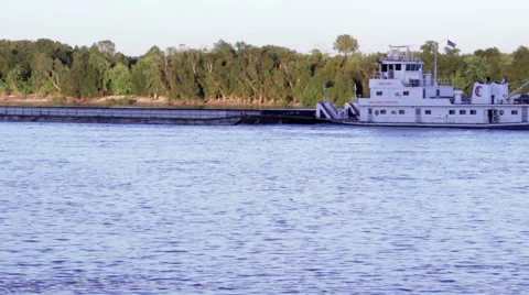 Barge Propels Upstream Past The View Of Camera Stock Footage 41922094