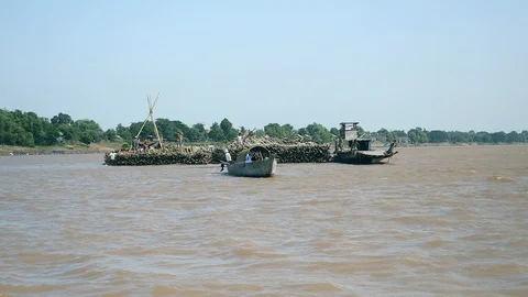 Barge pulling behind a large heap of bamboo poles down the river Video stock 90228490