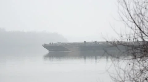 . Barge  is  on the river in a fog. Stock Footage 46195892