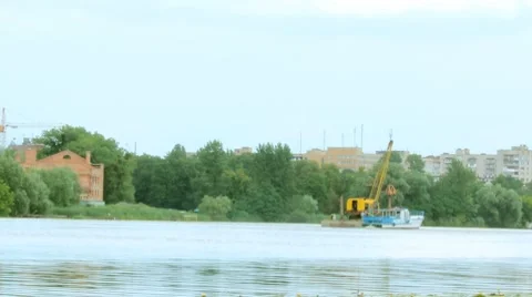 Barge in river Stock Footage 7733146