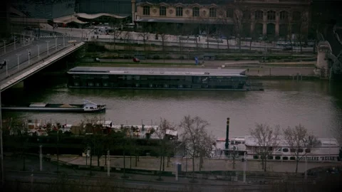 Barge on The River Seine From Above | Paris 2024 Stock Footage 277907798