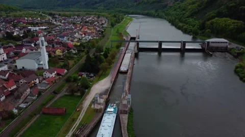 The barge sails through the lock Stock Footage 154501248