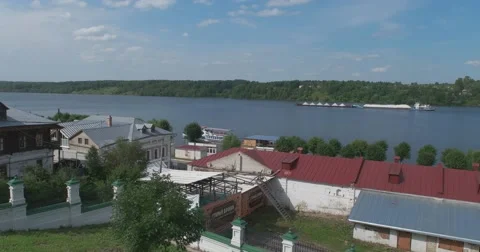 Barge with sand floating on the river Volga. Plyos Stock Footage 64229113