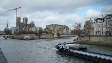 Barge on the Seine river, Paris in spring Stock Footage 237623076