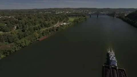 Barge slowly going down the river on a nice summer day Stock Footage 145095763