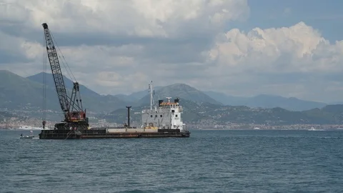 Barge with tower crane Stock Footage 90055668