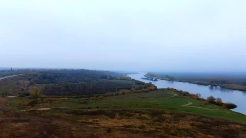 Barge towing two barge loaded by grain on the river Southern Bug. Stock Footage 121395957