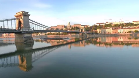 Barge traffic on the Danube River in Budapest featured in this time lapse Stock Footage 70794789