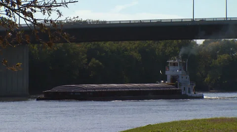 Barge under Bridge Stock Footage 32934993