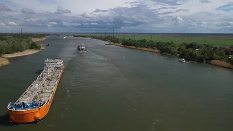 Barges on the Don river, spring day, beautiful landscape from above Stock Footage 130147901