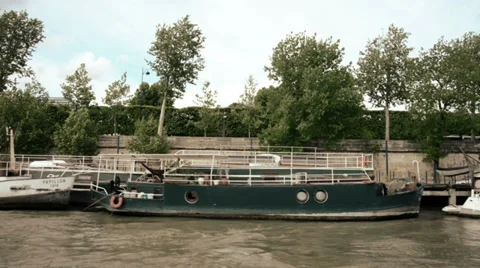 Barges on river seine seventies look Stock Footage 32186256