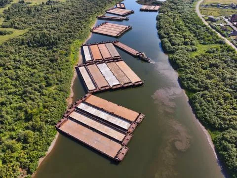 Barges on the siberian river Stock Photos
