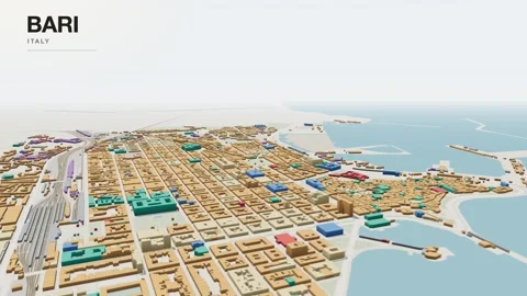 Bari 3D isometric city skyline building blocks map animation seamless loop Stock Footage 341397909