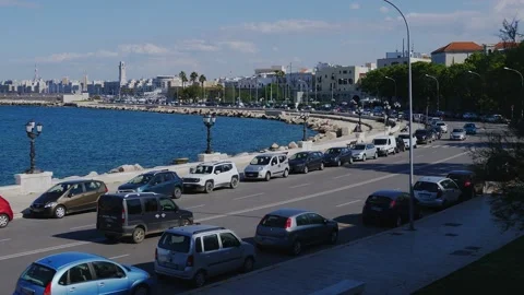 Bari seafront lights. Coastline and Twilight purple and blue sky Video stock 150808092