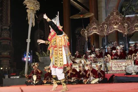 Baris Dancer Performing at Karya Agung Panyegjeg Bhumi Festival Ubud Bali Stock Photos