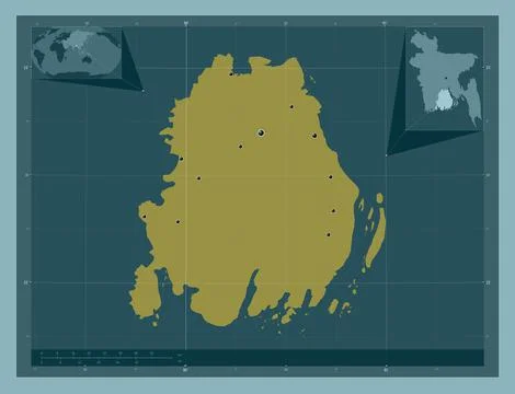 Barisal, Bangladesh. Solid color shape. Locations of major cities of the regi Stock Illustration