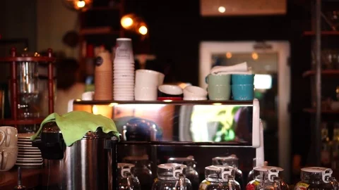 Barista bartender work place in restaurant bar counter with cups and coffee Stock Footage 104374017