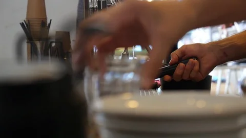 Barista Hands Prepare Coffee in Machine Closeup Stock Footage