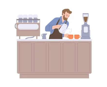Barista hipster man behind counter bar flat vector illustration isolated. Stock Illustration