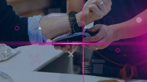 Barista holding POS while customer tapping watch, magenta overlay sweeping, Stock Footage 333510451