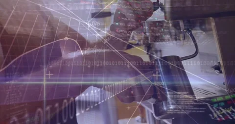 Barista inserting wand and steaming milk pitcher adjusting for foam while data Stock Footage 331614768