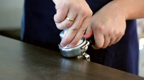 Barista makes coffee tablet press Stock Footage 66453996