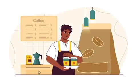 Barista makes coffee. Young guy with mugs of hot drinks. Cafeteria or coffee Stock Illustration