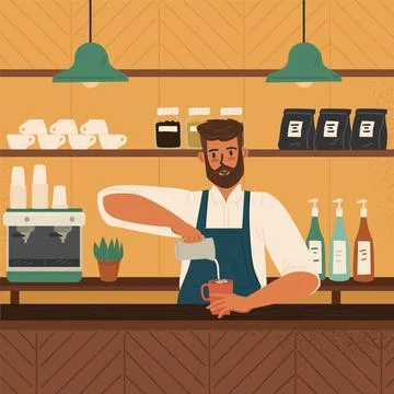 Barista making cup of coffee latte, vector illustration. Cafe interior with 库存插图