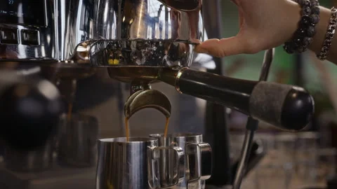 Barista Operating Professional Espresso Machine in Coffee Shop Stock Footage 344363487