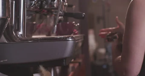 Barista Preparing Coffee Machine And Brewing Espresso Coffee At Cafe Stock Footage 237706574