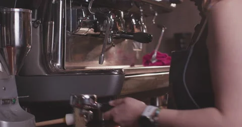 Barista Preparing Coffee Machine And Brewing Espresso Coffee At Cafe Stock Footage 237707948