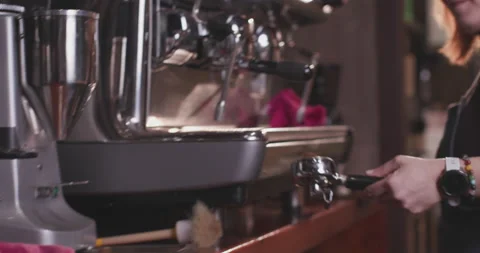 Barista Preparing Coffee Machine And Brewing Espresso Coffee At Cafe Stock Footage 237708016