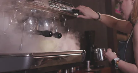 Barista Preparing Coffee Machine And Brewing Espresso Coffee At Cafe Video stock 237708601