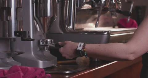 Barista Preparing Coffee Machine And Brewing Espresso Coffee At Cafe Stock Footage 237708672