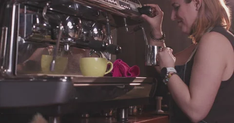 Barista Preparing Coffee Machine And Brewing Espresso Coffee At Cafe Video stock 237708753