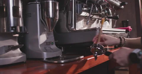 Barista Preparing Coffee Machine And Brewing Espresso Coffee At Cafe Stock Footage 237709762