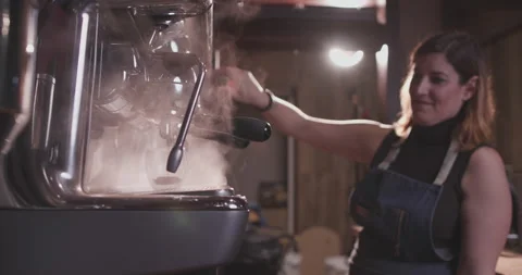 Barista Preparing Coffee Machine And Brewing Espresso Coffee At Cafe Video stock 237710232