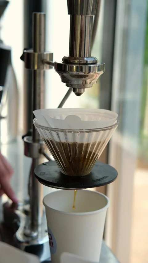 Barista preparing pour-over coffee using a professional coffee brewing machine Stock Footage 346691876