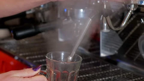 Barista processing cocktail glasses under hot steam using coffee machine in cafe Stock Footage 151048989
