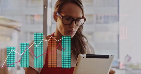 Barista scrolling tablet in cafe and analyzing rising bar charts tracing trend Stockbeeldmateriaal 311962497