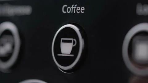 Barista selects making coffee presses button with word Coffee on coffee machine Stock Footage 143204294