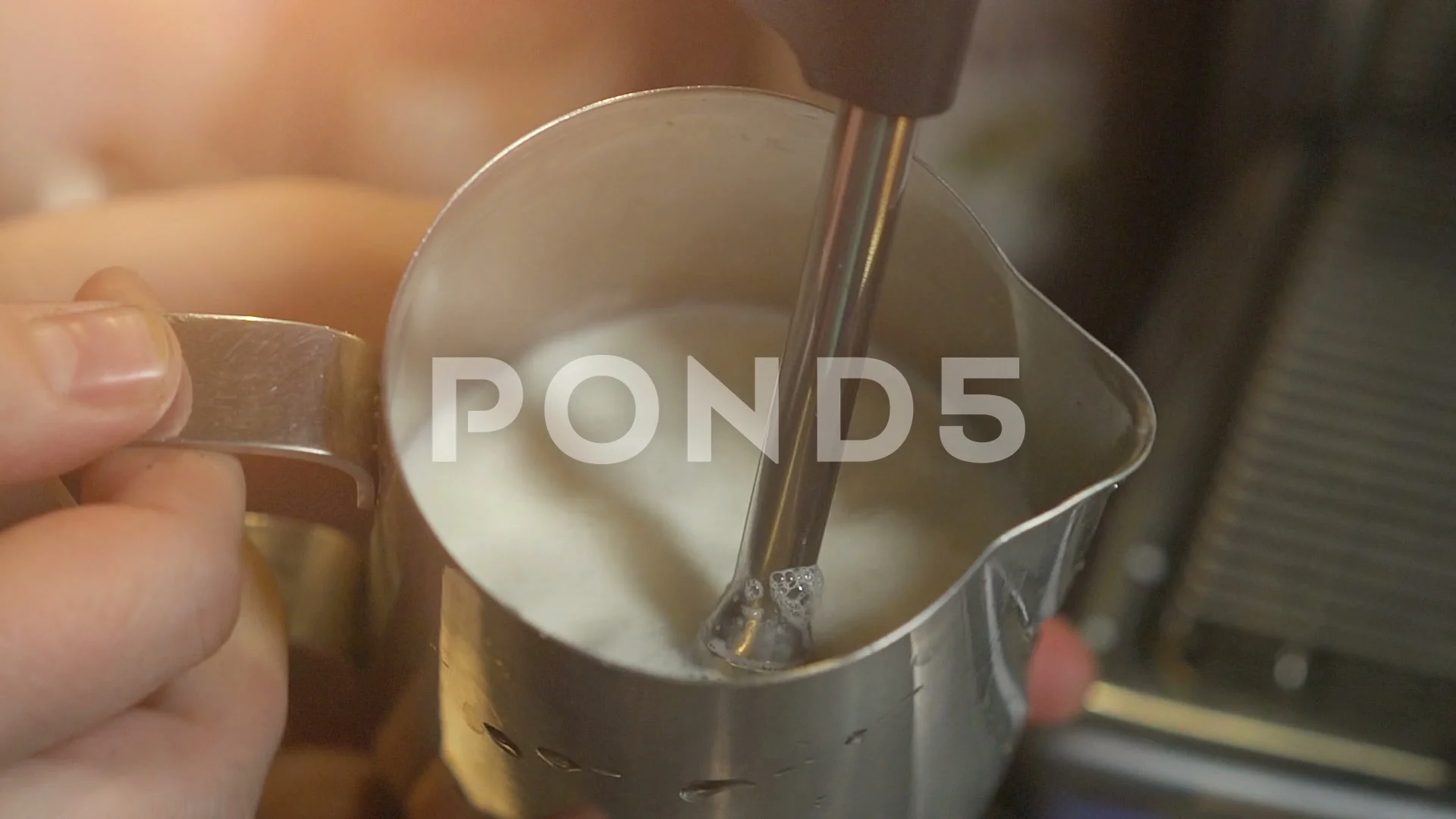 Barista Whisk Milk in Coffee Machine with Hot Steam Stock Footage