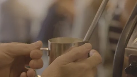 Barista Steaming Milk at Espresso Machine in Busy Sydney Cafe, Australia Stock Footage 345692674