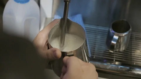 Barista Steaming Milk Stock Footage 128812293