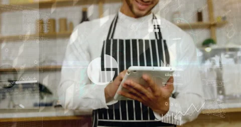 Barista tapping tablet cloud icon and opening analytics while animated charts Stock Footage 314656416