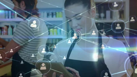 Barista tapping tablet managing orders, starting network of nodes expanding and Stock Footage 333234290