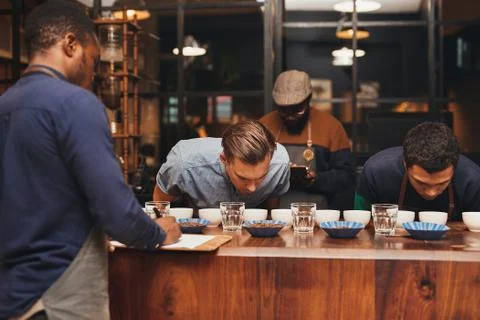 Barista training with rows of different coffees in roastery Stock Photos