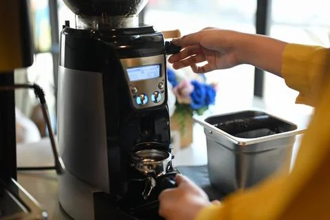 Barista using grinder machine to grinding fresh roasted coffee bean at modern Stock Photos