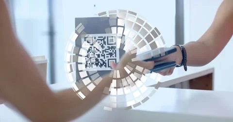 Barista using terminal and customer scanning QR code with smartphone as globe Stock Footage 318739602